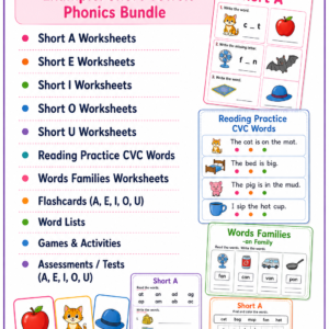 CVC Short Vowel Bundle (A E I O U) | 80+ Printable Phonics Worksheets & Activities